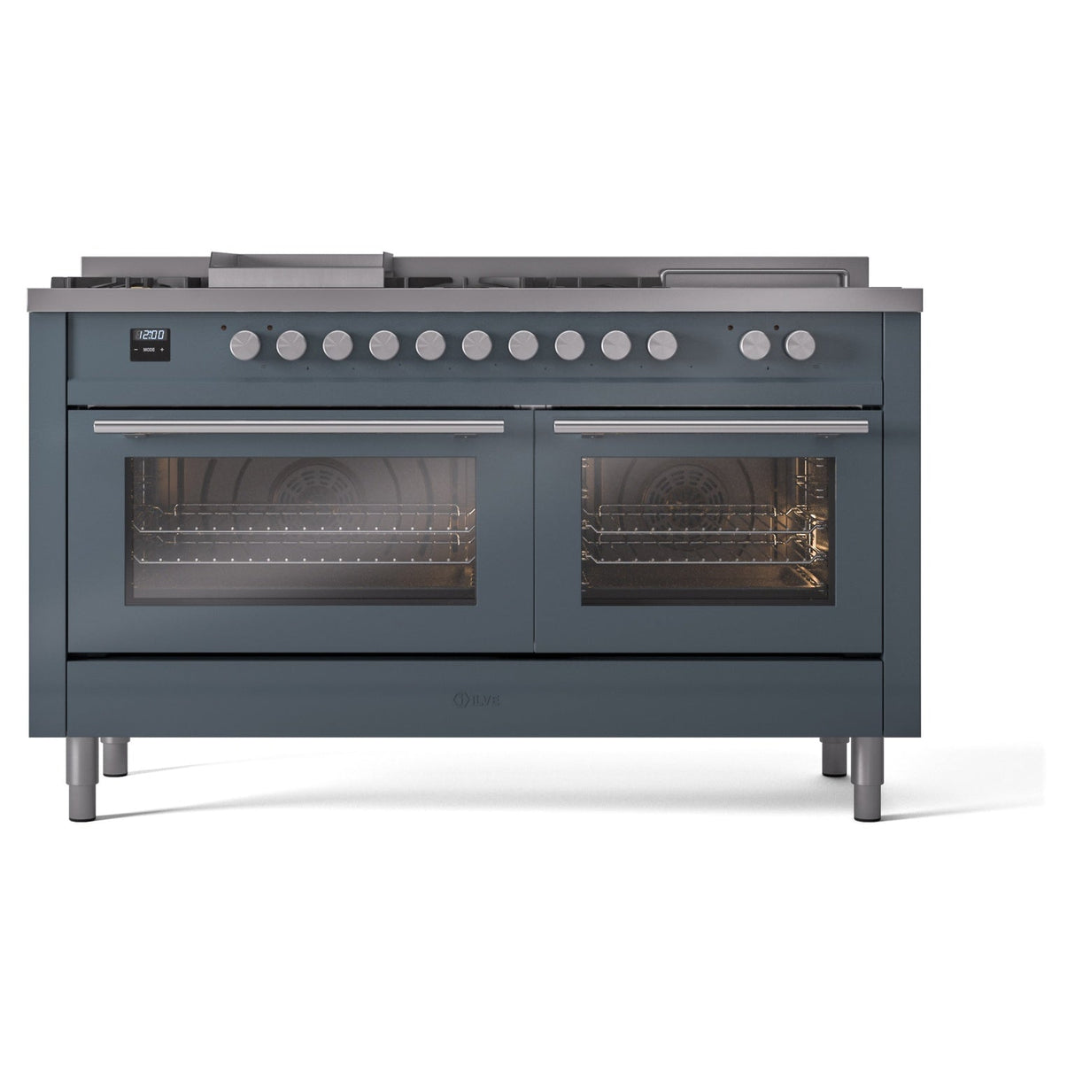 ILVE Professional Plus II 60-Inch Natural Gas Dual Fuel Range with 7 Burners, Griddle, & French Top with Triple Glass Door Oven in Blue Grey (UP60FSWMPBG)