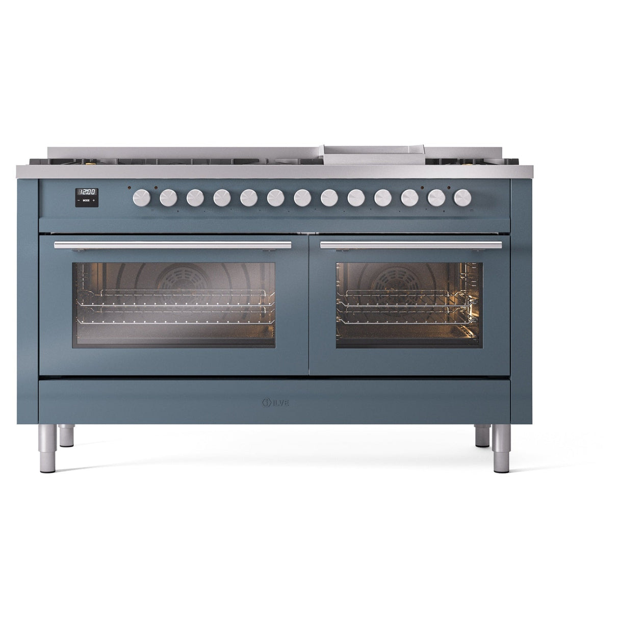 ILVE 60-inch Professional Plus II Natural Gas Dual Fuel Range with 9 Burners, Griddle, and Triple Glass Door Oven in Blue Grey (UP60FWMPBG)