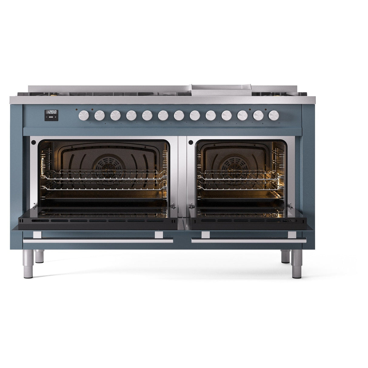 ILVE 60-inch Professional Plus II Natural Gas Dual Fuel Range with 9 Burners, Griddle, and Triple Glass Door Oven in Blue Grey (UP60FWMPBG)