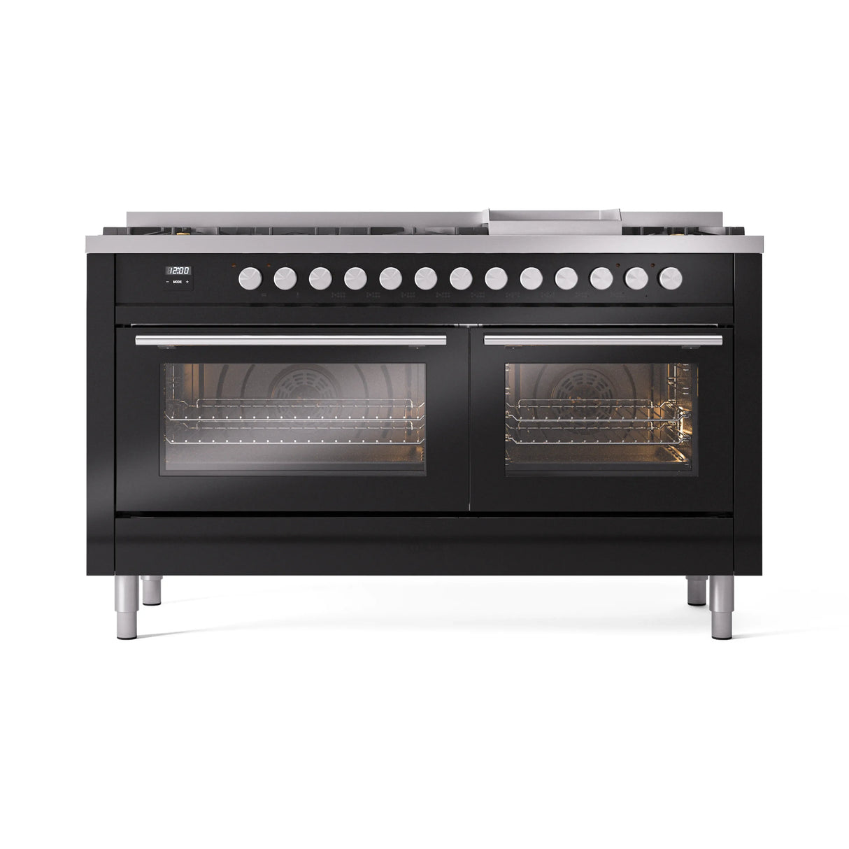 ILVE 60-inch Professional Plus II Natural Gas Dual Fuel Range with 9 Burners, Griddle, and Triple Glass Door Oven in Glossy Black (UP60FWMPBK)