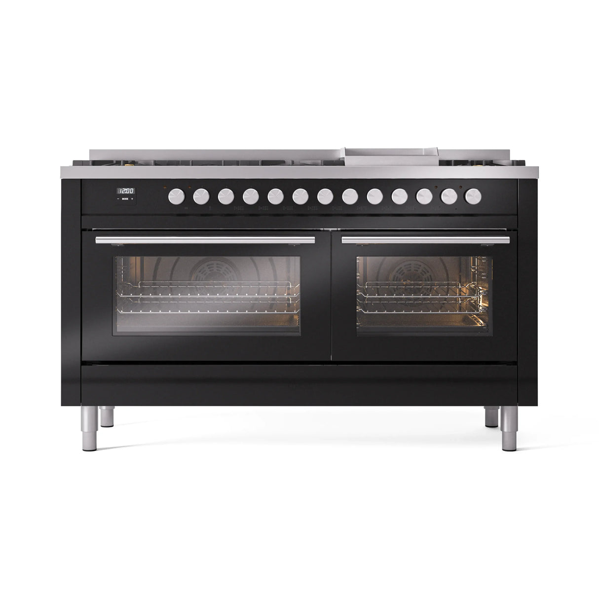 ILVE 60-inch Professional Plus II Propane Gas Dual Fuel Range with 9 Burners, Griddle, and Triple Glass Door Oven in Glossy Black (UP60FWMPBKLP)