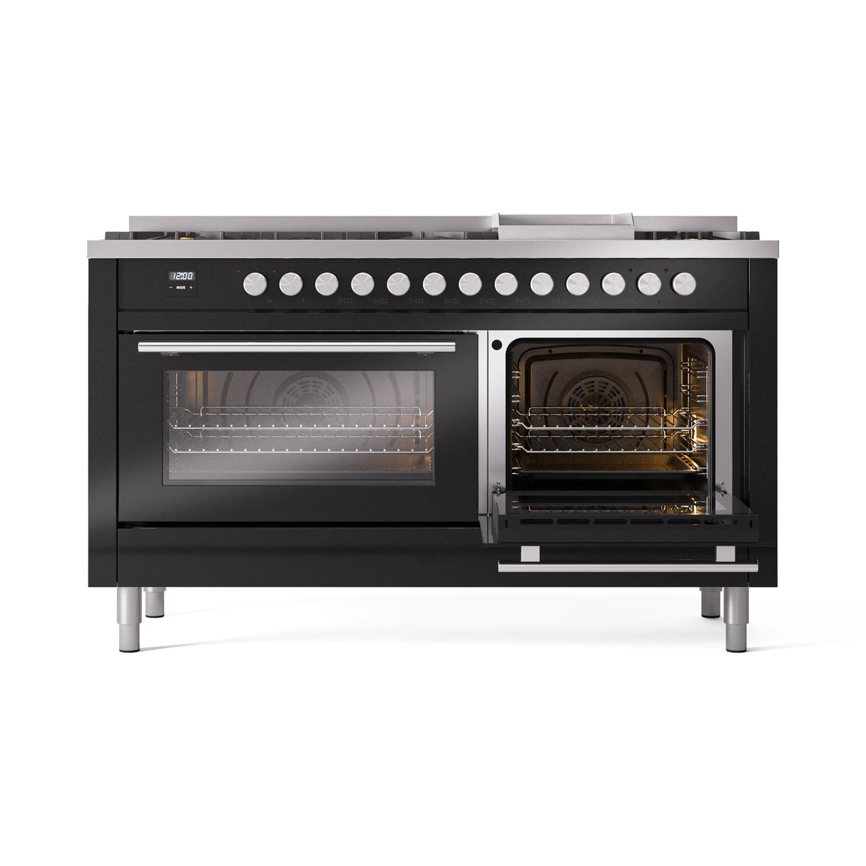 ILVE 60-inch Professional Plus II Propane Gas Dual Fuel Range with 9 Burners, Griddle, and Triple Glass Door Oven in Glossy Black (UP60FWMPBKLP)