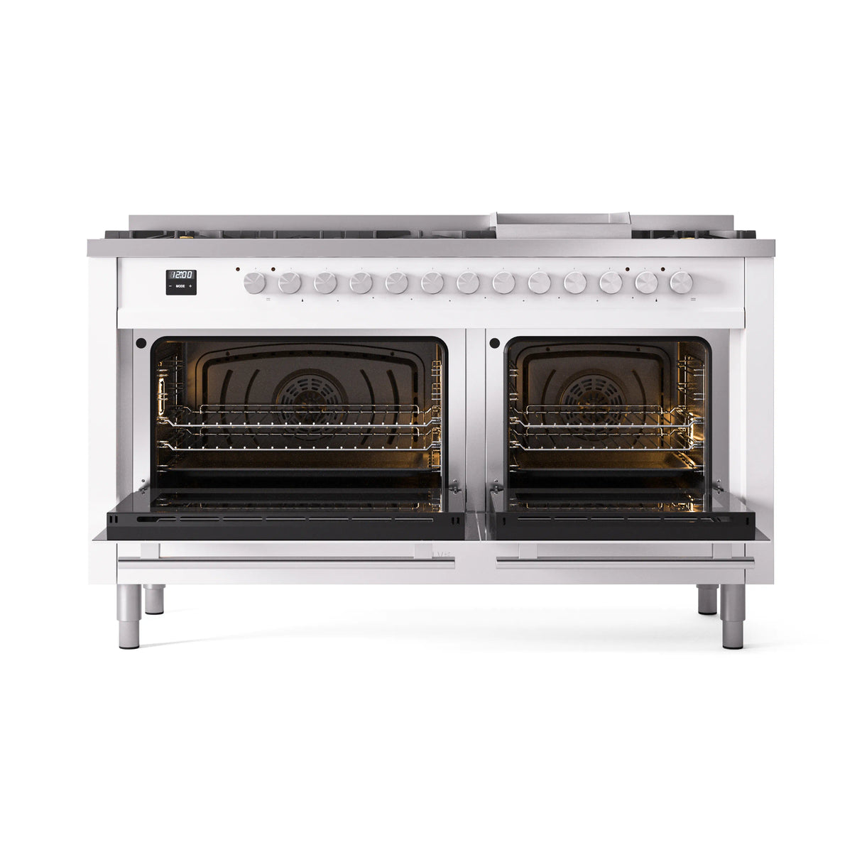 ILVE 60-inch Professional Plus II Natural Gas Dual Fuel Range with 9 Burners, Griddle, and Triple Glass Door Oven in White (UP60FWMPWH)