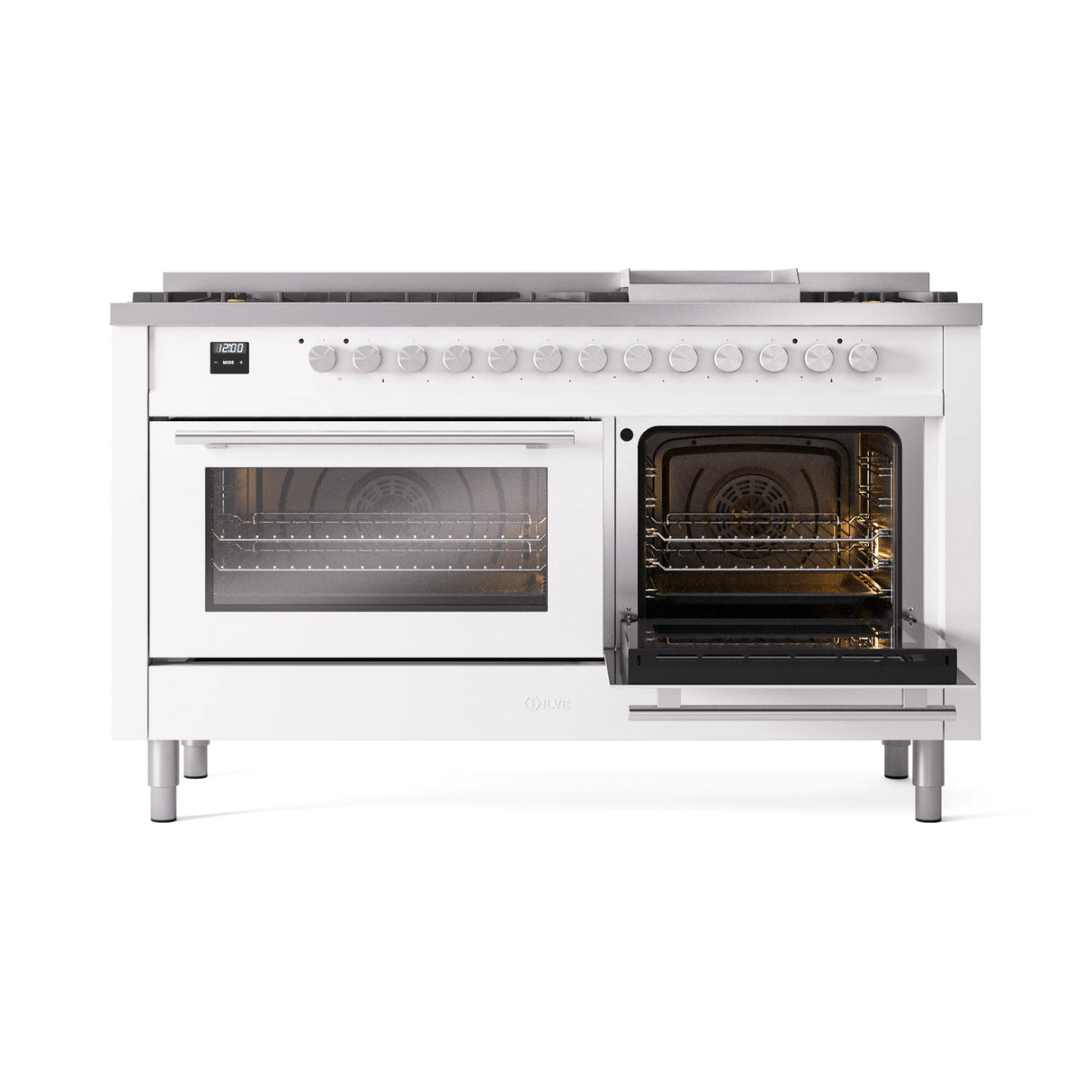 ILVE 60-inch Professional Plus II Natural Gas Dual Fuel Range with 9 Burners, Griddle, and Triple Glass Door Oven in White (UP60FWMPWH)