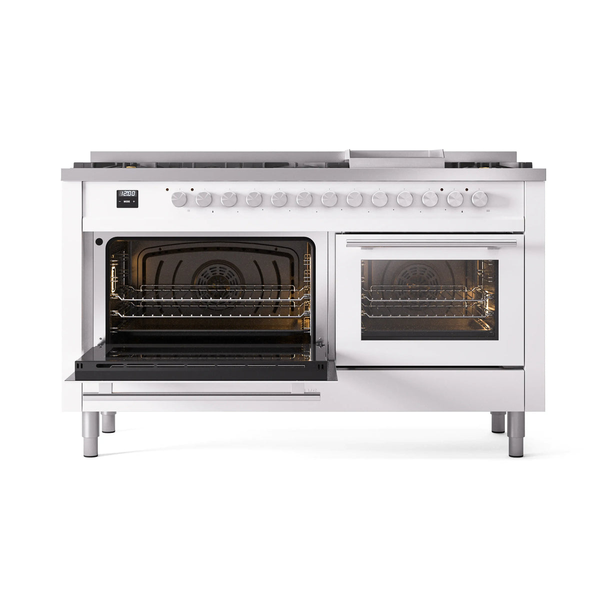 ILVE 60-inch Professional Plus II Natural Gas Dual Fuel Range with 9 Burners, Griddle, and Triple Glass Door Oven in White (UP60FWMPWH)