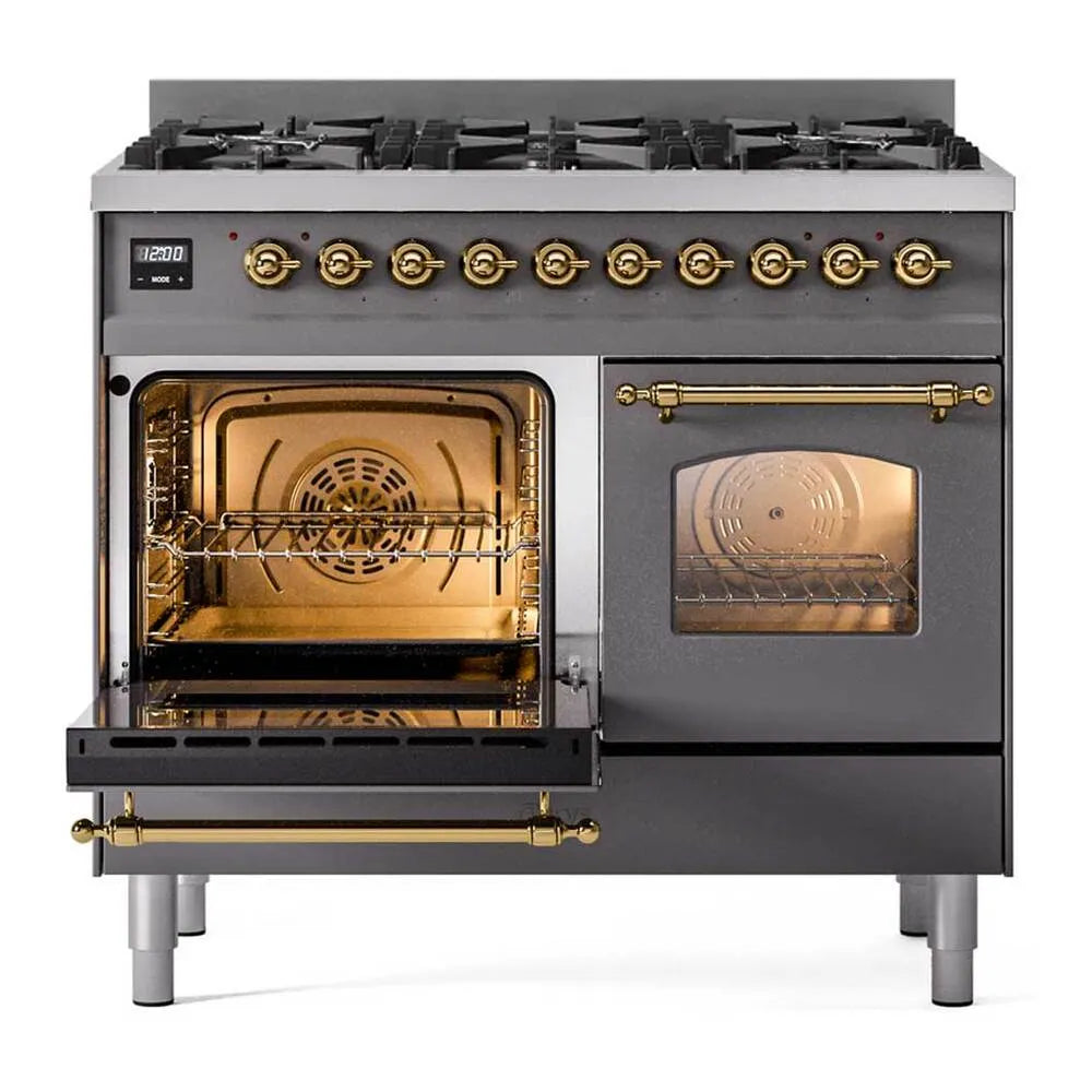 ILVE Nostalgie II Limited Edition 40-Inch Natural Gas Dual Fuel Range with 6 Gas Brass Burners and Electric Oven in Matte Graphite (UPD406NMPMGG)