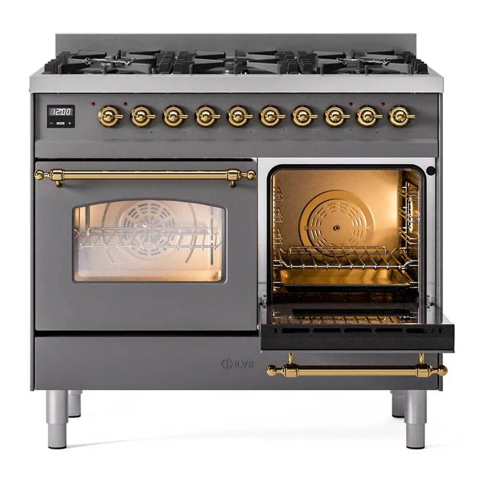ILVE Nostalgie II Limited Edition 40-Inch Natural Gas Dual Fuel Range with 6 Gas Brass Burners and Electric Oven in Matte Graphite (UPD406NMPMGG)