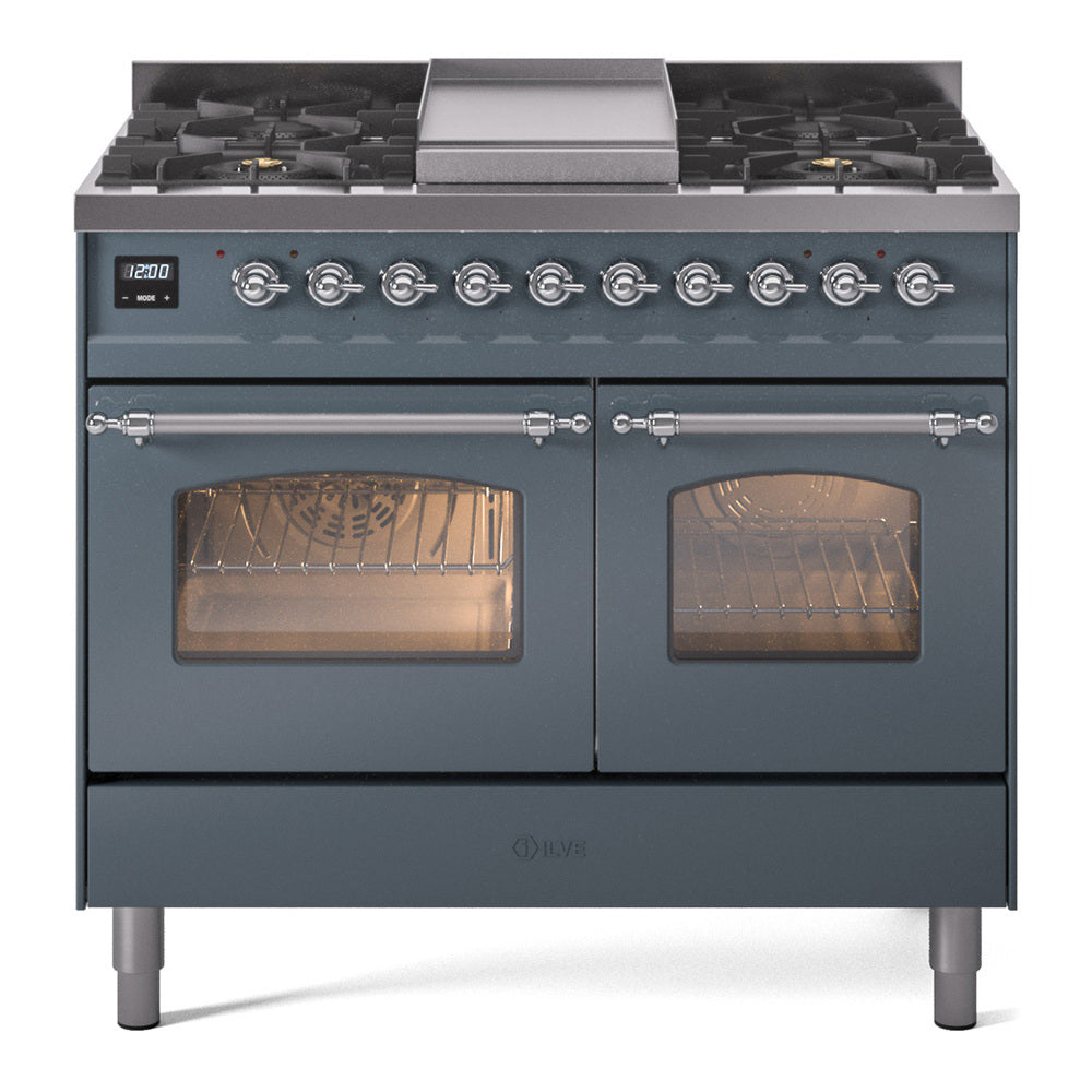 ILVE Nostalgie II 40-Inch Dual Fuel Freestanding Range in Blue Grey with Chrome Trim (UPD40FNMPBGCLP)