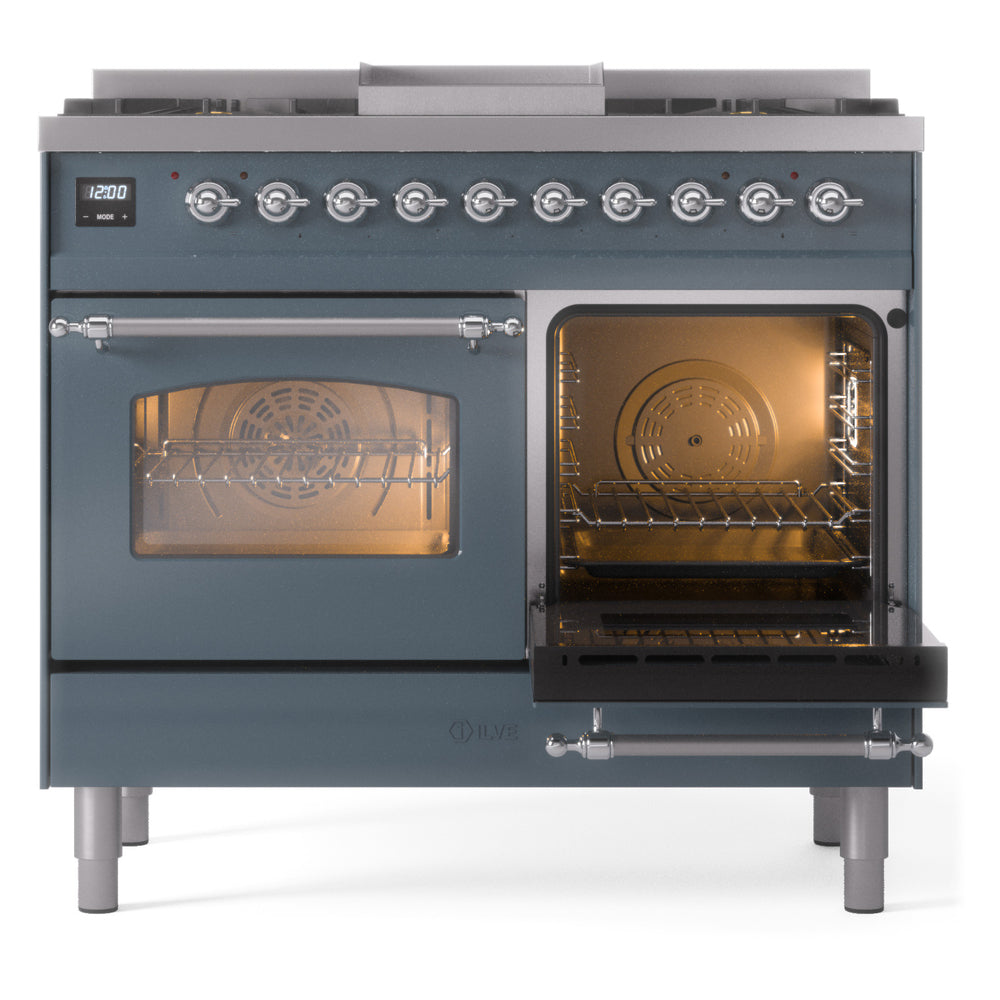 ILVE Nostalgie II 40-Inch Dual Fuel Freestanding Range in Blue Grey with Chrome Trim (UPD40FNMPBGCLP)