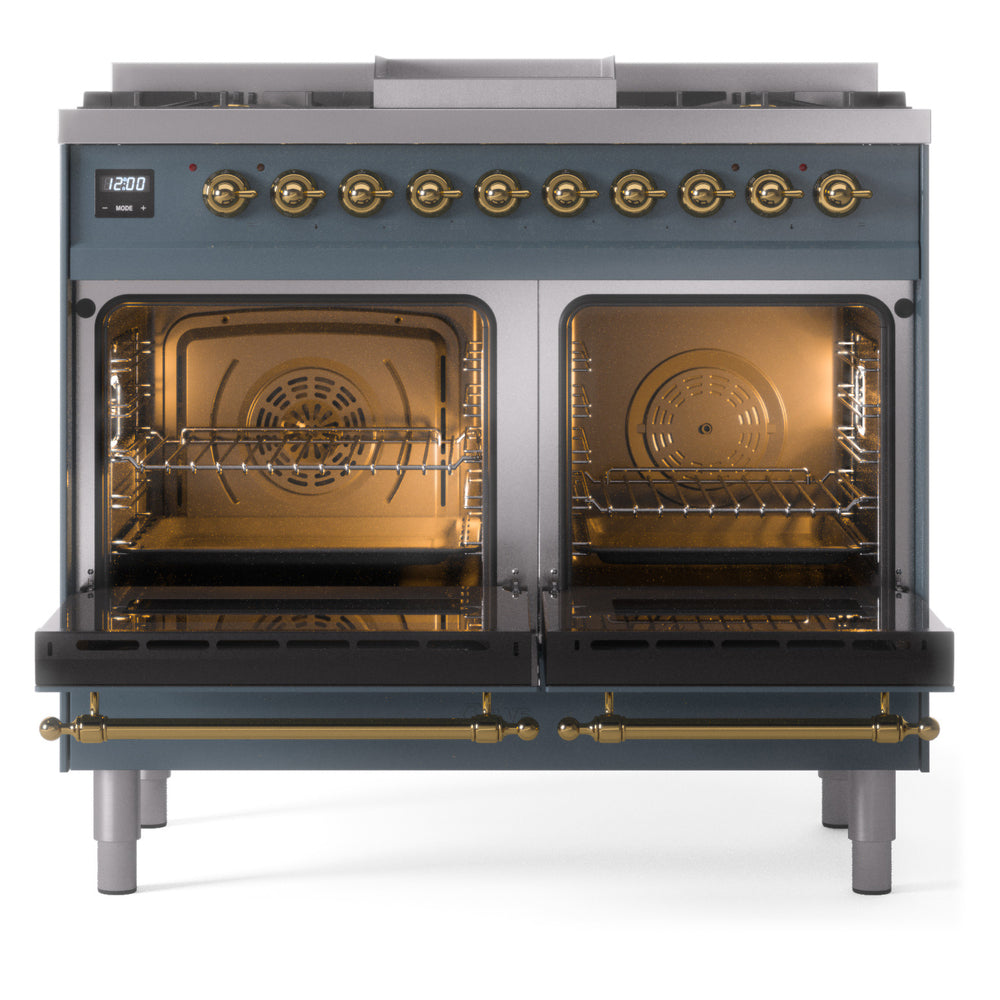 ILVE Nostalgie II 40-Inch Dual Fuel Freestanding Range in Blue Grey with Brass Trim (UPD40FNMPBGGLP)