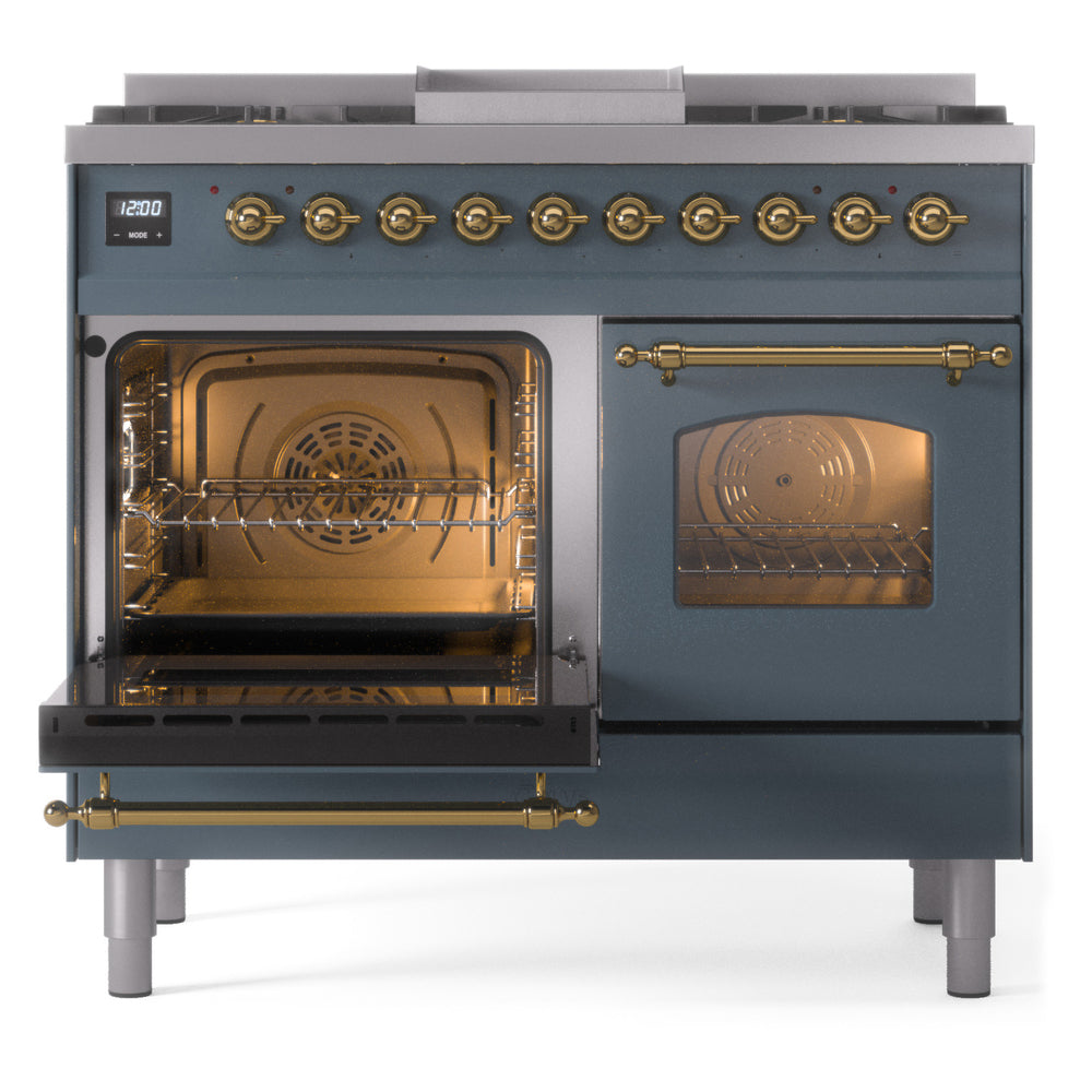 ILVE Nostalgie II 40-Inch Dual Fuel Freestanding Range in Blue Grey with Brass Trim (UPD40FNMPBGGLP)