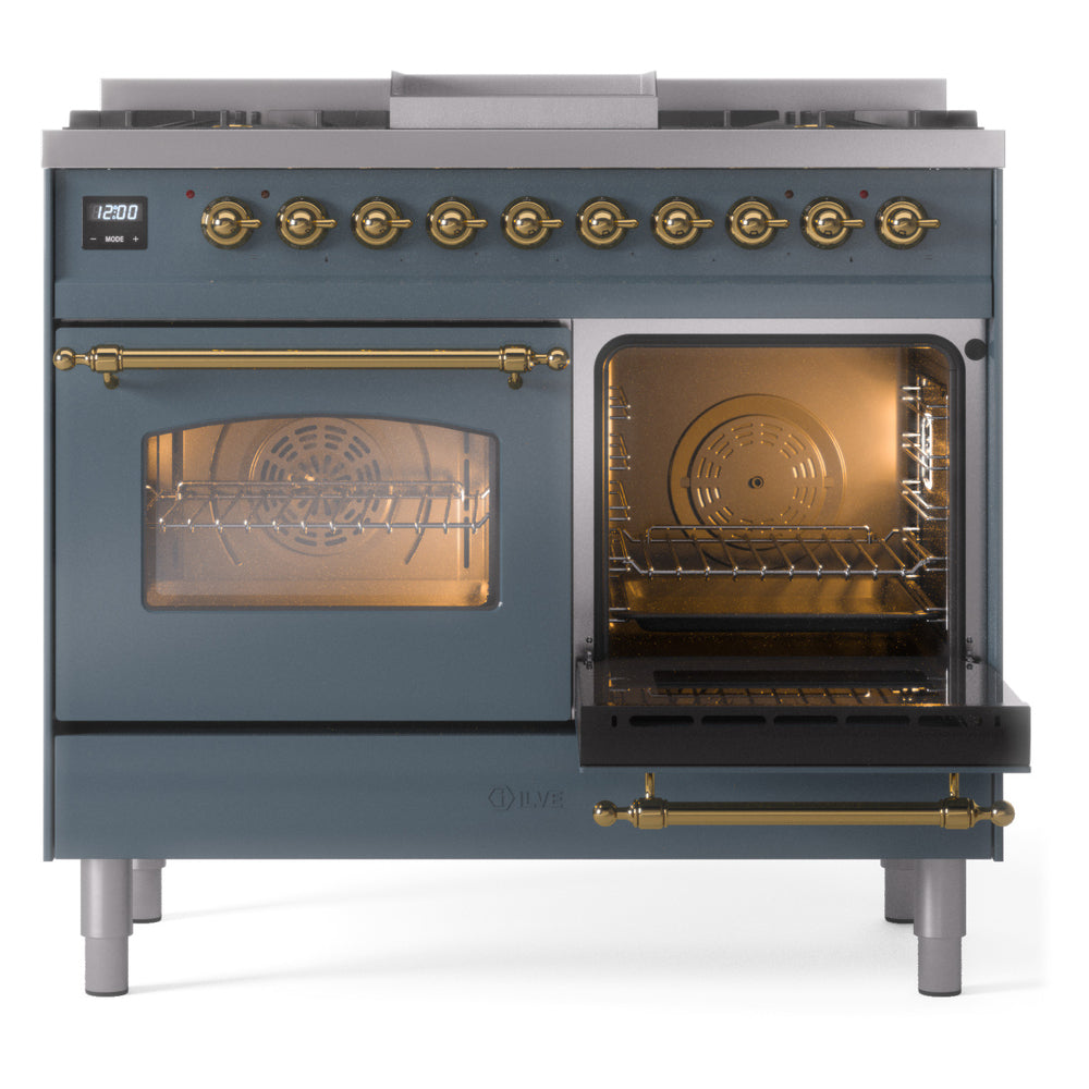 ILVE Nostalgie II 40-Inch Dual Fuel Freestanding Range in Blue Grey with Brass Trim (UPD40FNMPBGGLP)