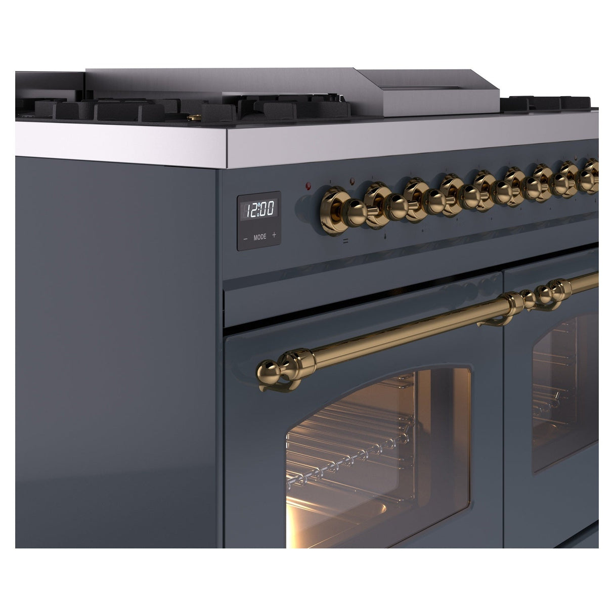 ILVE Nostalgie II 40-Inch Dual Fuel Freestanding Range in Blue Grey with Brass Trim (UPD40FNMPBGGLP)