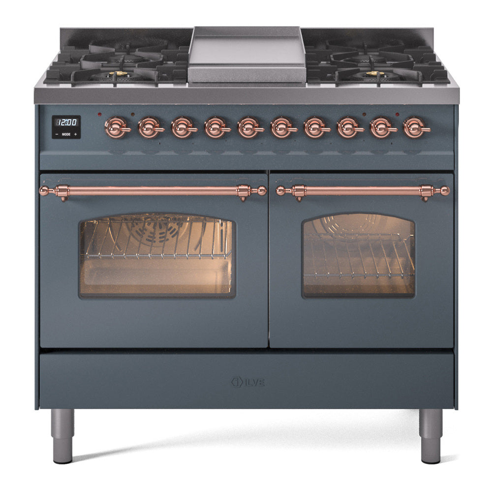 ILVE Nostalgie II 40-Inch Dual Fuel Freestanding Range in Blue Grey with Copper Trim (UPD40FNMPBGPLP)