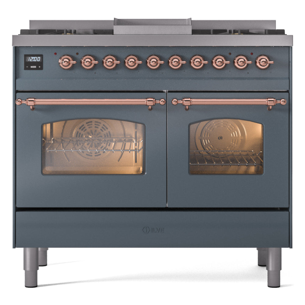 ILVE Nostalgie II 40-Inch Dual Fuel Freestanding Range in Blue Grey with Copper Trim (UPD40FNMPBGPLP)