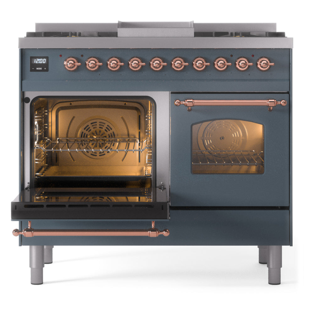 ILVE Nostalgie II 40-Inch Dual Fuel Freestanding Range in Blue Grey with Copper Trim (UPD40FNMPBGPLP)