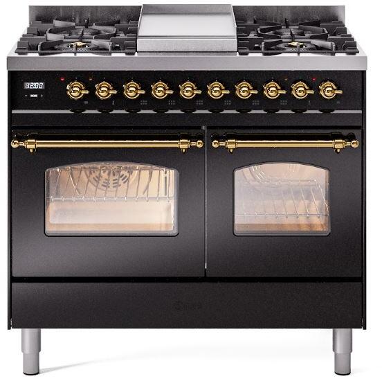 ILVE Nostalgie II 40-Inch Freestanding Natural Gas Dual Fuel Range in Glossy Black with Brass Trim (UPD40FNMPBKG)
