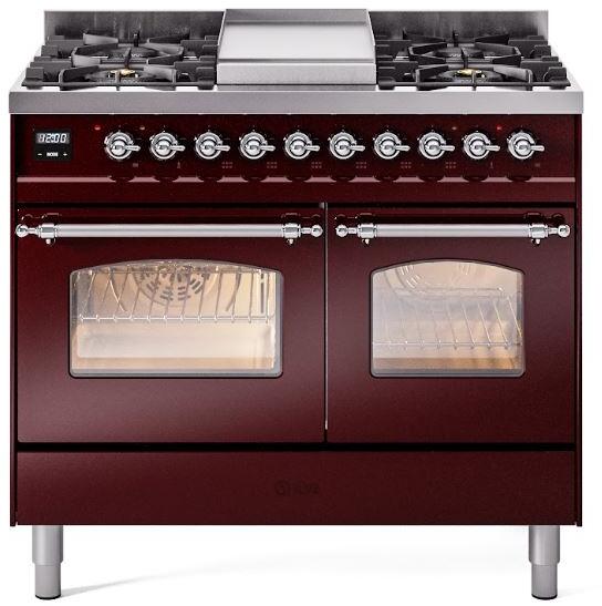 ILVE Nostalgie II 40-Inch Dual Fuel Freestanding Range in Burgundy with Chrome Trim (UPD40FNMPBUCLP)