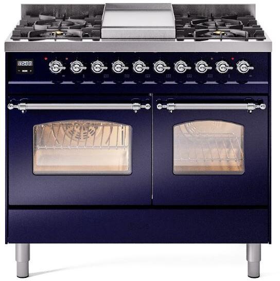 ILVE Nostalgie II 40-Inch Dual Fuel Freestanding Range in Midnight Blue with Chrome Trim (UPD40FNMPMBCLP)