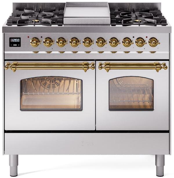 ILVE Nostalgie II 40-Inch Freestanding Natural Gas Dual Fuel Range in Stainless Steel with Brass Trim (UPD40FNMPSSG)