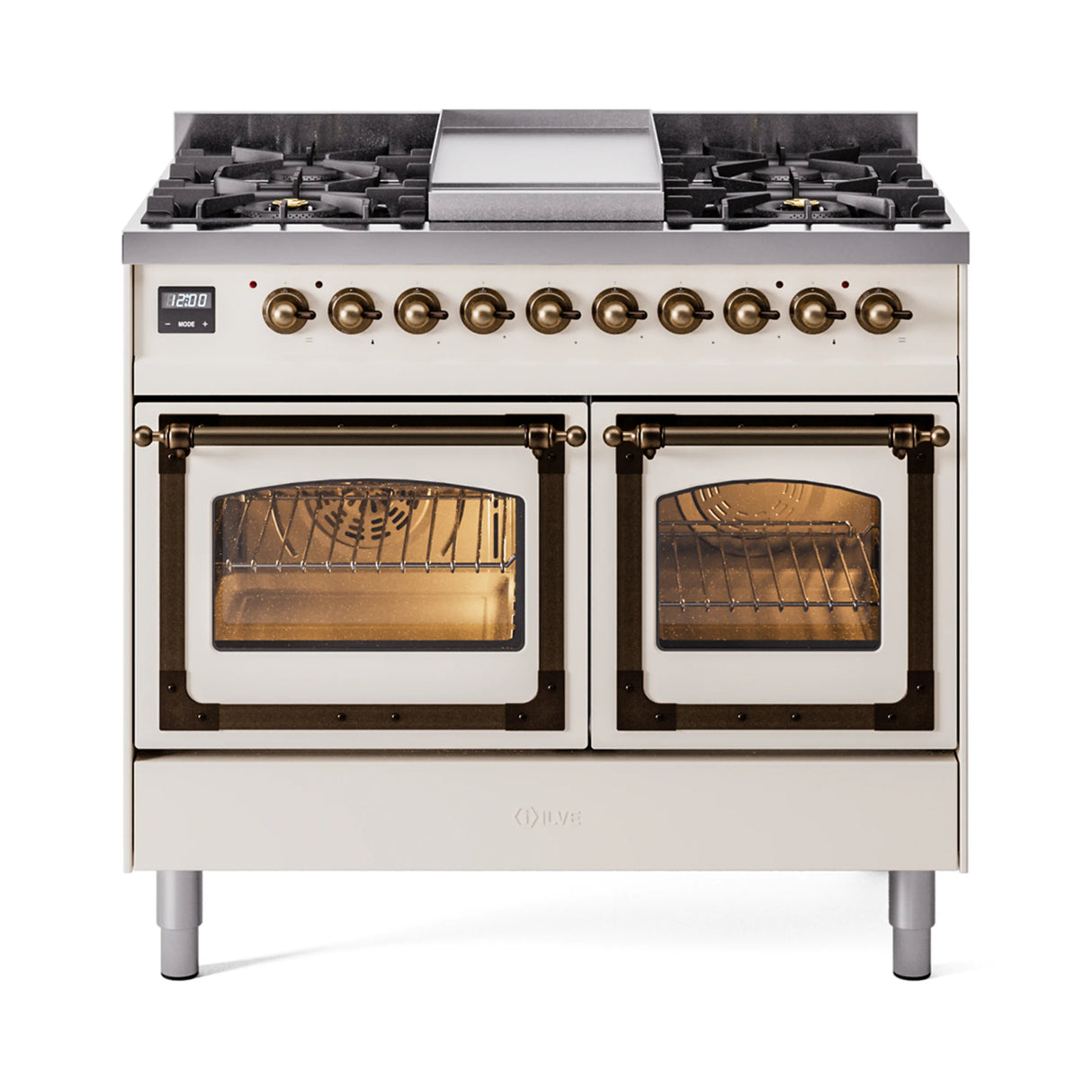 ILVE 40-Inch Nostalgie II Noblesse Propane Gas Dual Fuel Range with Triple Glass Door Oven in Antique White with Bronze Trim (UND40FNMPAWBLP)