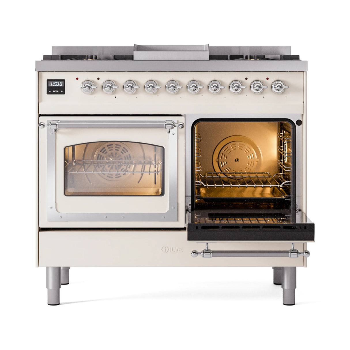 ILVE 40-Inch Nostalgie II Noblesse Propane Gas Dual Fuel Range with Triple Glass Door Oven in Antique White with Chrome Trim (UND40FNMPAWCLP)