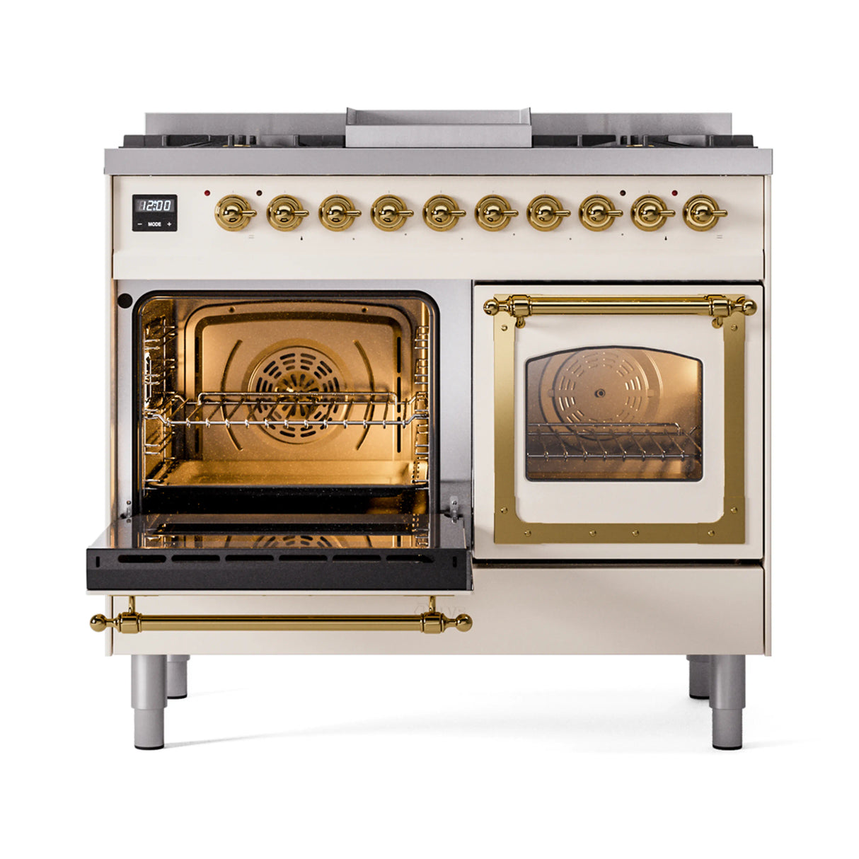 ILVE 40-Inch Nostalgie II Noblesse Propane Gas Dual Fuel Range with Triple Glass Door Oven in Antique White with Brass Trim (UND40FNMPAWGLP)