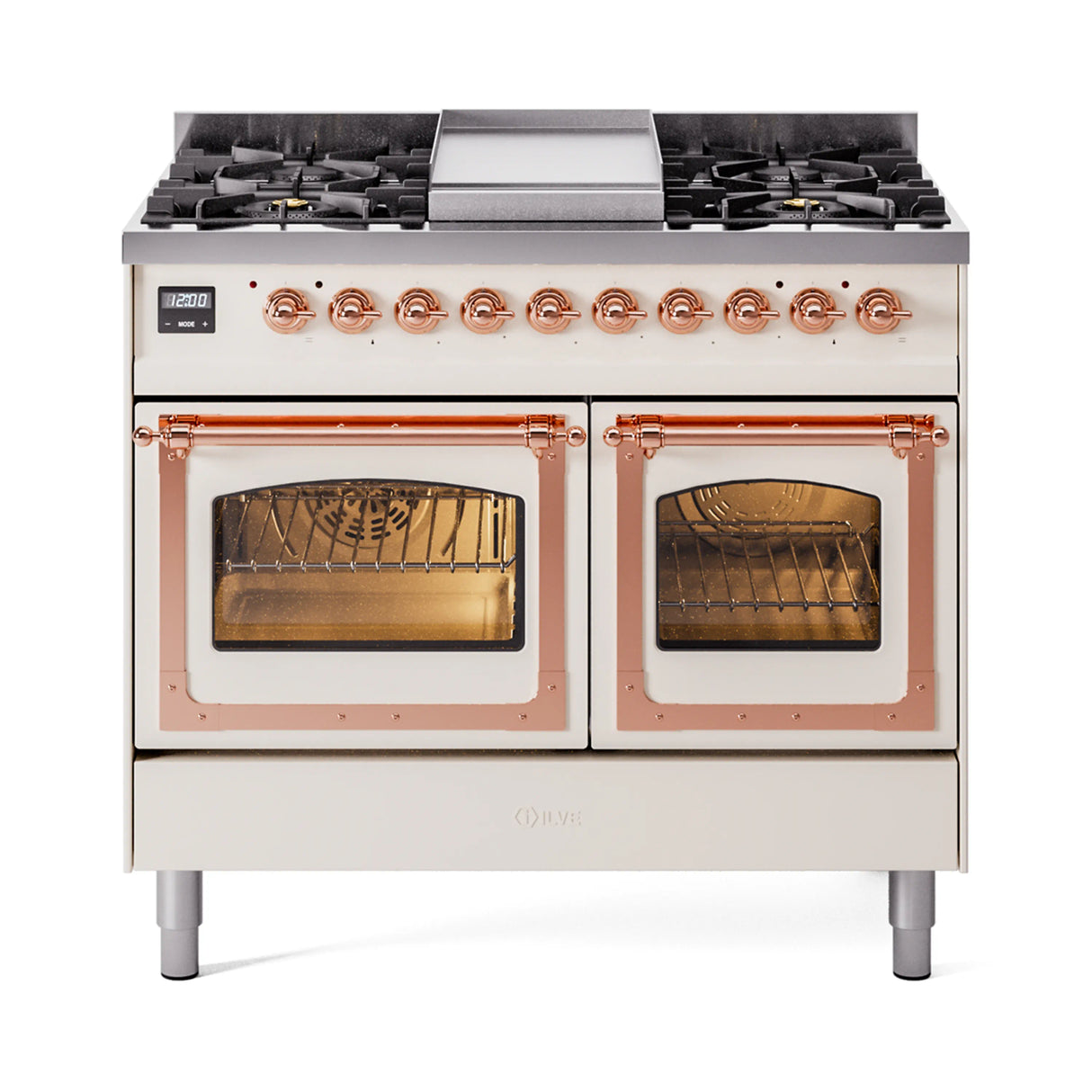 ILVE 40-Inch Nostalgie II Noblesse Propane Gas Dual Fuel Range with Triple Glass Door Oven in Antique White with Copper Trim (UND40FNMPAWPLP)