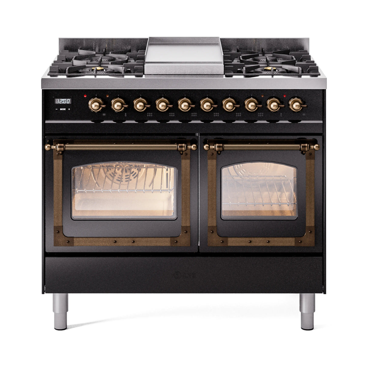 ILVE 40-Inch Nostalgie II Noblesse Propane Gas Dual Fuel Range with Triple Glass Door Oven in Glossy Black with Bronze Trim (UND40FNMPBKBLP)