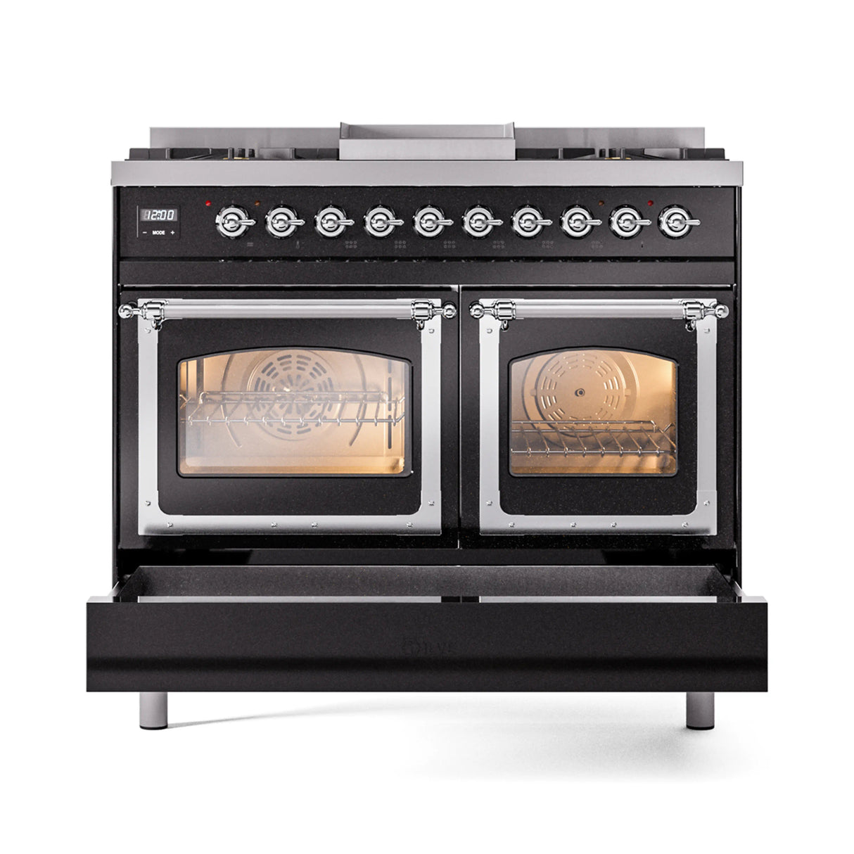 ILVE 40-Inch Nostalgie II Noblesse Natural Gas Dual Fuel Range with Triple Glass Door Oven in Glossy Black with Chrome Trim (UND40FNMPBKC)