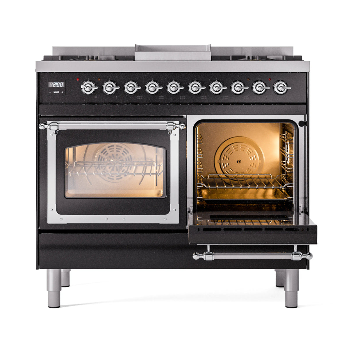 ILVE 40-Inch Nostalgie II Noblesse Natural Gas Dual Fuel Range with Triple Glass Door Oven in Glossy Black with Chrome Trim (UND40FNMPBKC)
