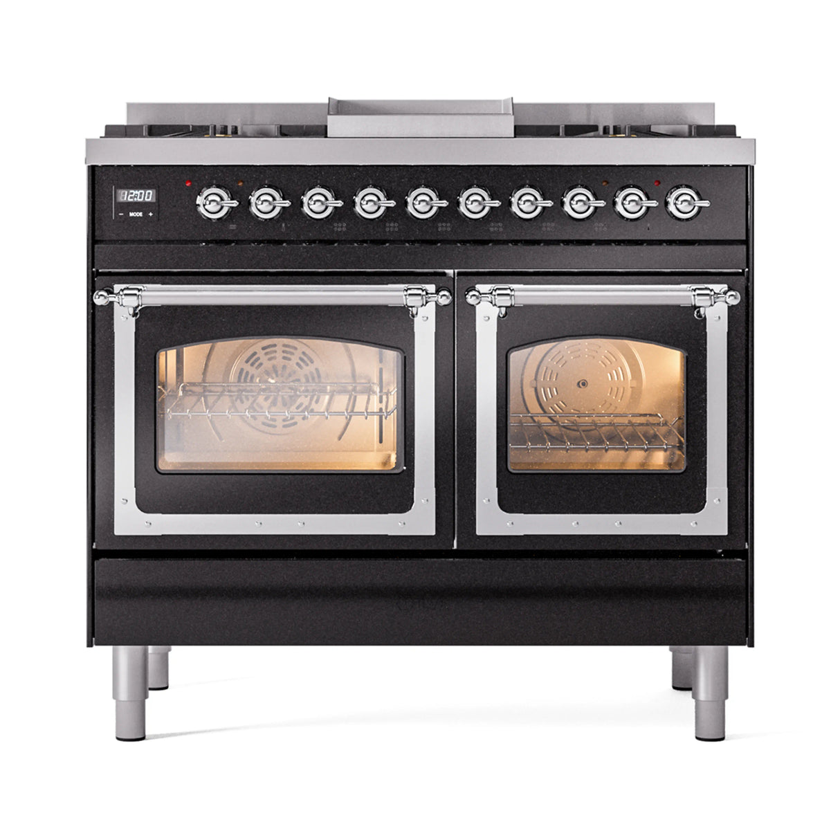 ILVE 40-Inch Nostalgie II Noblesse Natural Gas Dual Fuel Range with Triple Glass Door Oven in Glossy Black with Chrome Trim (UND40FNMPBKC)