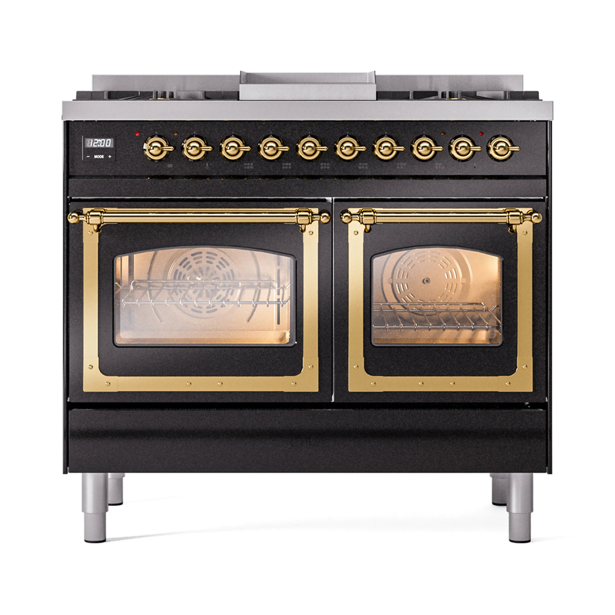 ILVE 40-Inch Nostalgie II Noblesse Propane Gas Dual Fuel Range with Triple Glass Door Oven in Glossy Black with Brass Trim (UND40FNMPBKGLP)