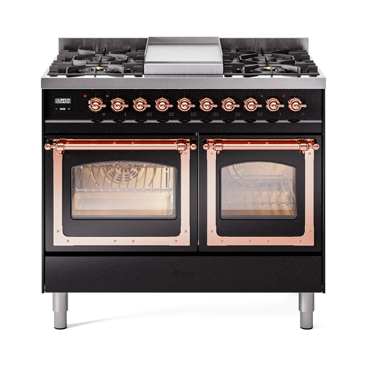 ILVE 40-Inch Nostalgie II Noblesse Propane Gas Dual Fuel Range with Triple Glass Door Oven in Glossy Black with Copper Trim (UND40FNMPBKPLP)
