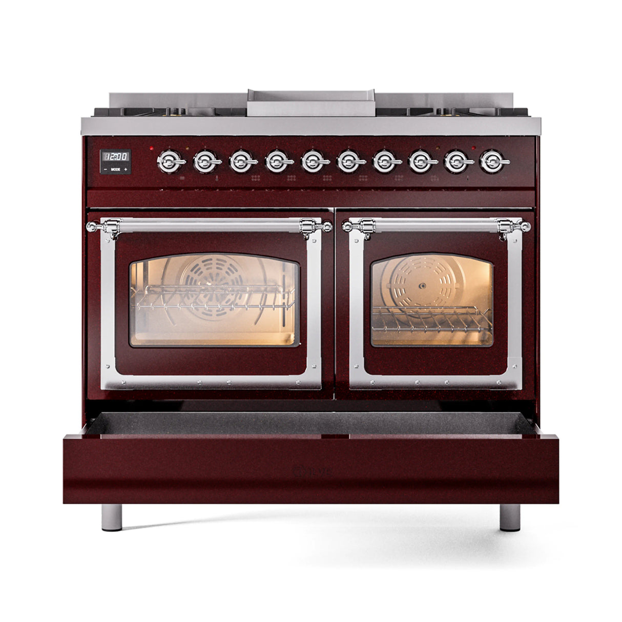 ILVE 40-Inch Nostalgie II Noblesse Propane Gas Dual Fuel Range with Triple Glass Door Oven in Burgundy with Chrome Trim (UND40FNMPBUCLP)