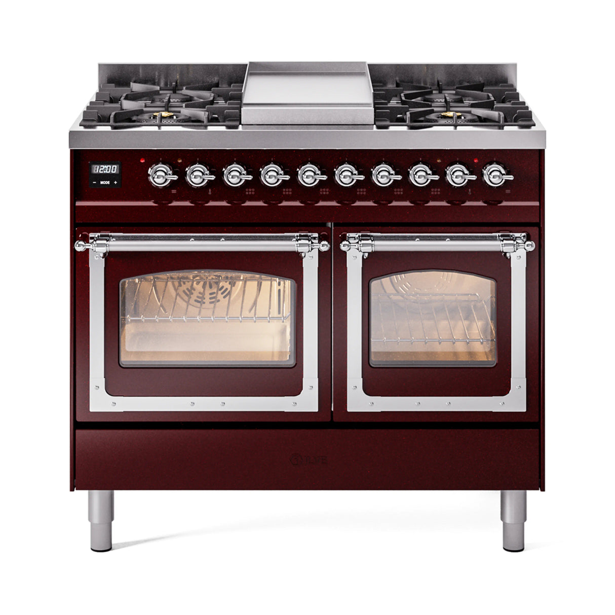 ILVE 40-Inch Nostalgie II Noblesse Propane Gas Dual Fuel Range with Triple Glass Door Oven in Burgundy with Chrome Trim (UND40FNMPBUCLP)