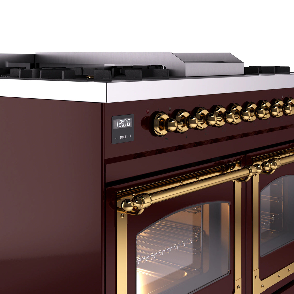 ILVE 40-Inch Nostalgie II Noblesse Natural Gas Dual Fuel Range with Triple Glass Door Oven in Burgundy with Brass Trim (UND40FNMPBUG)