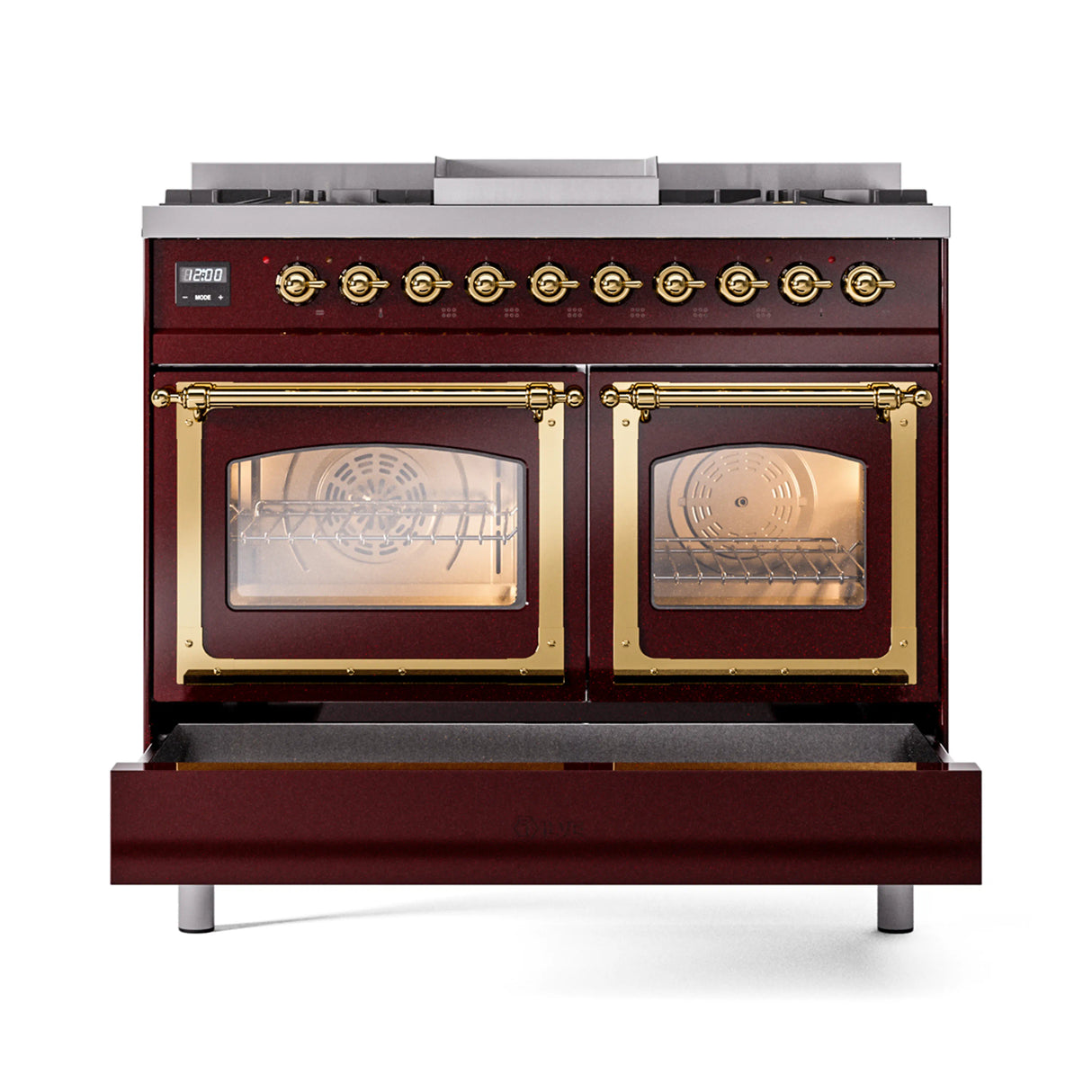 ILVE 40-Inch Nostalgie II Noblesse Natural Gas Dual Fuel Range with Triple Glass Door Oven in Burgundy with Brass Trim (UND40FNMPBUG)