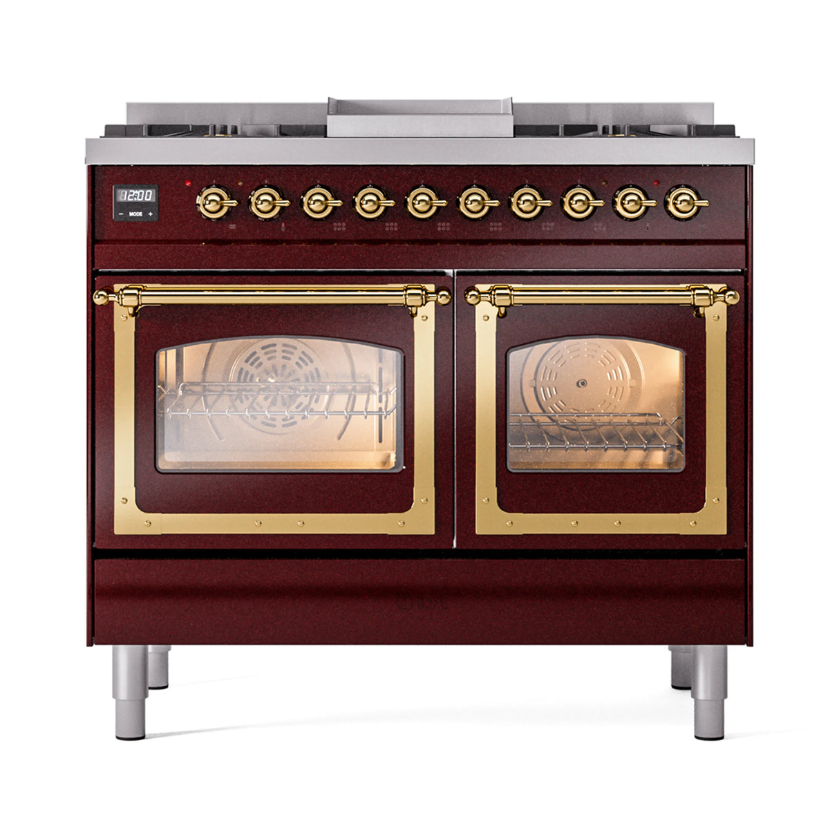 ILVE 40-Inch Nostalgie II Noblesse Natural Gas Dual Fuel Range with Triple Glass Door Oven in Burgundy with Brass Trim (UND40FNMPBUG)