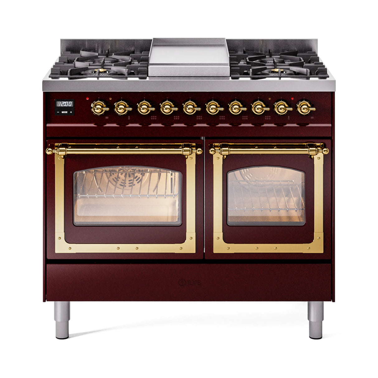 ILVE 40-Inch Nostalgie II Noblesse Natural Gas Dual Fuel Range with Triple Glass Door Oven in Burgundy with Brass Trim (UND40FNMPBUG)