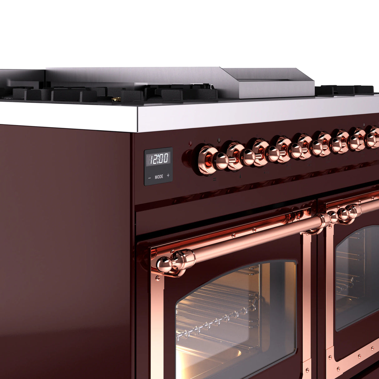 ILVE 40-Inch Nostalgie II Noblesse Propane Gas Dual Fuel Range with Triple Glass Door Oven in Burgundy with Copper Trim (UND40FNMPBUPLP)