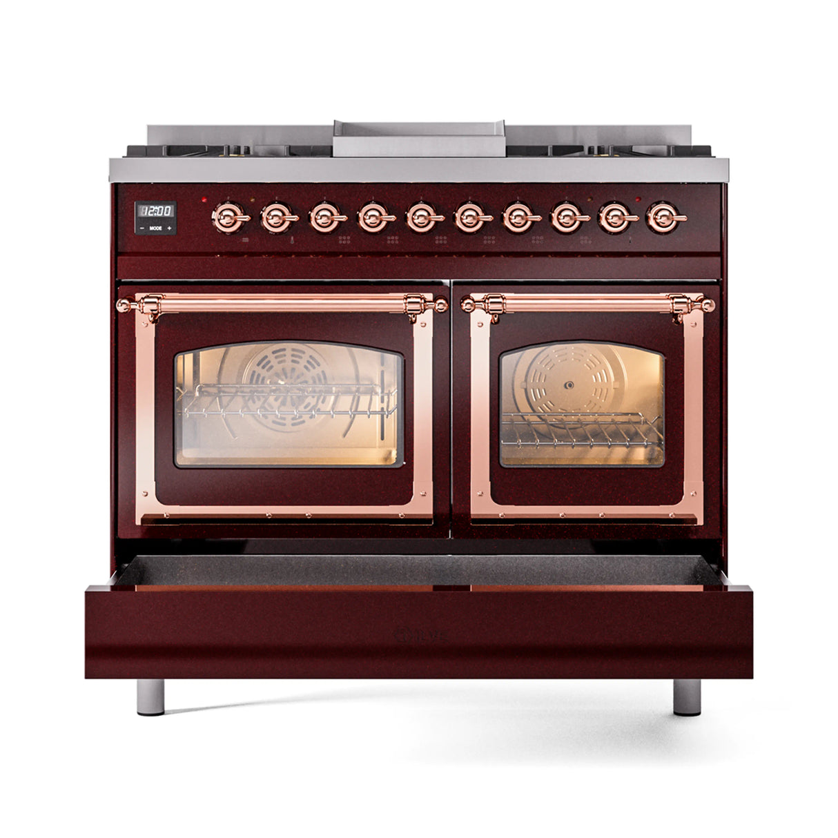 ILVE 40-Inch Nostalgie II Noblesse Propane Gas Dual Fuel Range with Triple Glass Door Oven in Burgundy with Copper Trim (UND40FNMPBUPLP)