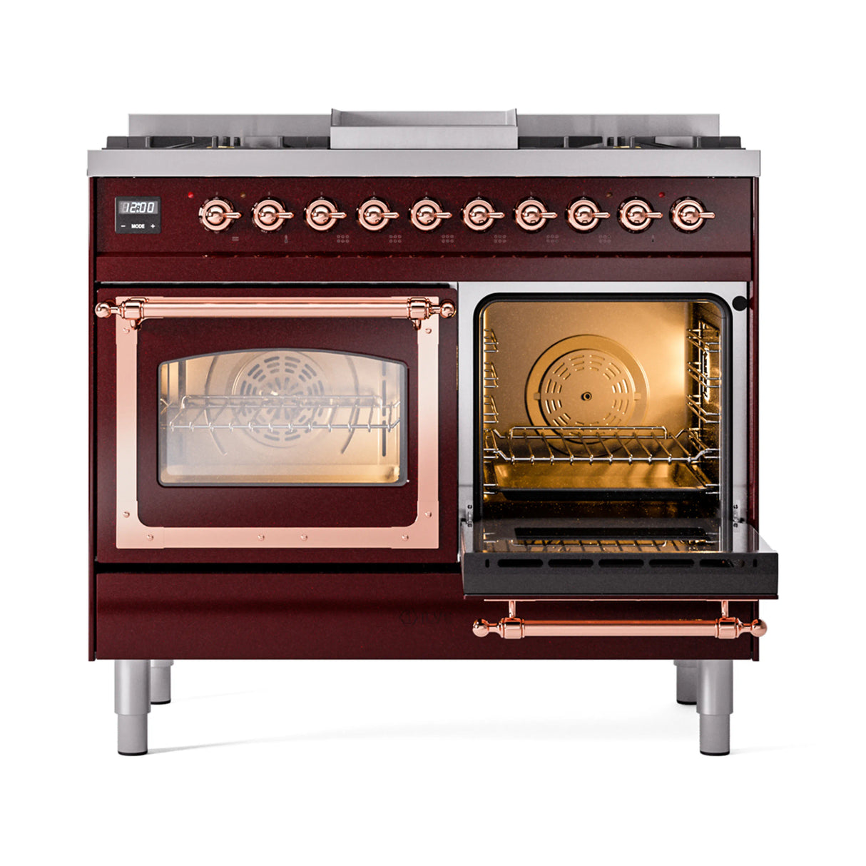 ILVE 40-Inch Nostalgie II Noblesse Propane Gas Dual Fuel Range with Triple Glass Door Oven in Burgundy with Copper Trim (UND40FNMPBUPLP)