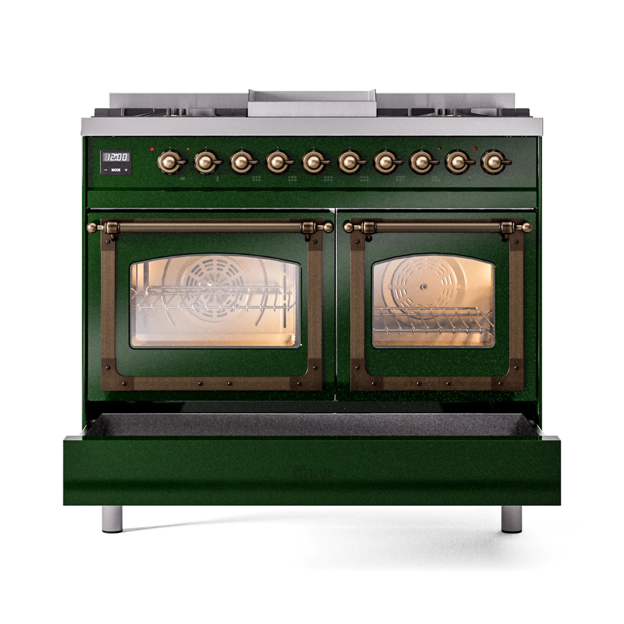 ILVE 40-Inch Nostalgie II Noblesse Natural Gas Dual Fuel Range with Triple Glass Door Oven in Emerald Green with Bronze Trim (UND40FNMPEGB)