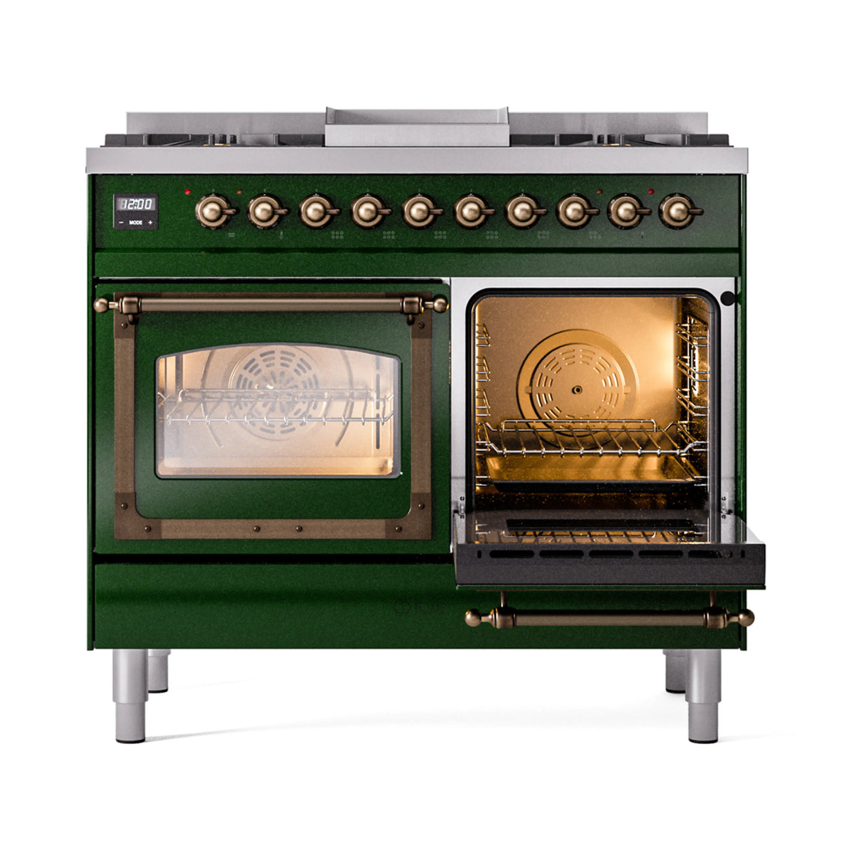 ILVE 40-Inch Nostalgie II Noblesse Propane Gas Dual Fuel Range with Triple Glass Door Oven in Emerald Green with Bronze Trim (UND40FNMPEGBLP)