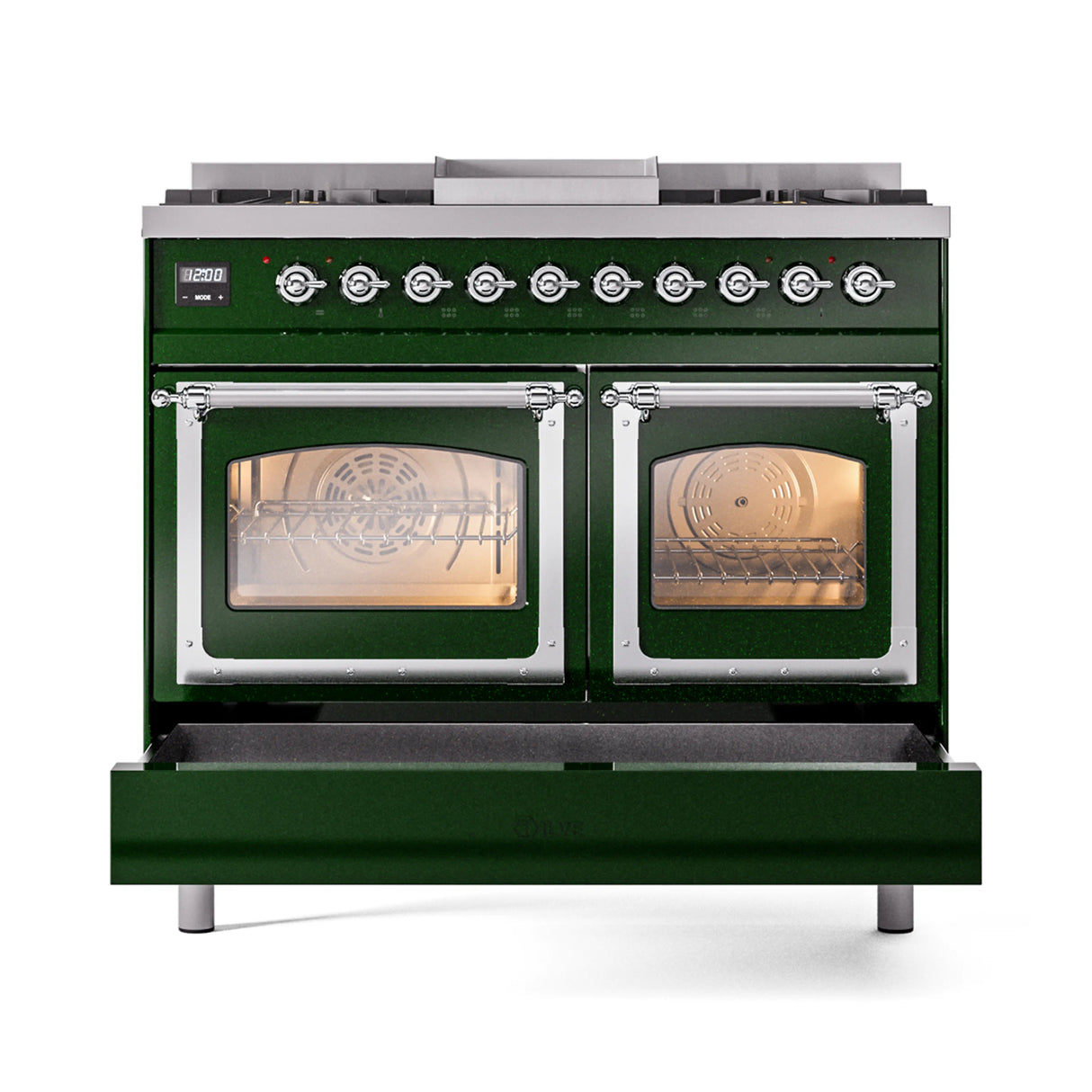 ILVE 40-Inch Nostalgie II Noblesse Propane Gas Dual Fuel Range with Triple Glass Door Oven in Emerald Green with Chrome Trim (UND40FNMPEGCLP)
