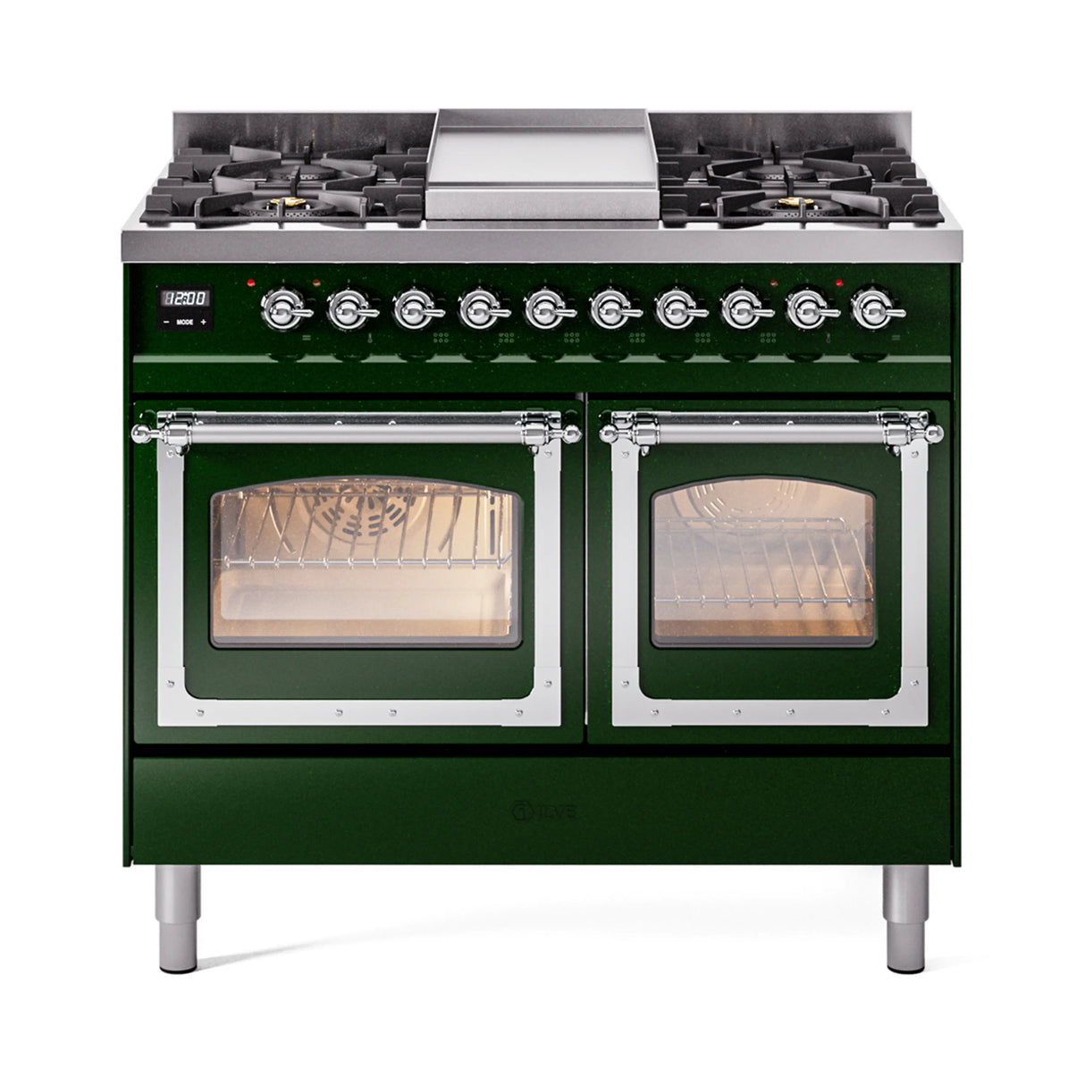 ILVE 40-Inch Nostalgie II Noblesse Propane Gas Dual Fuel Range with Triple Glass Door Oven in Emerald Green with Chrome Trim (UND40FNMPEGCLP)