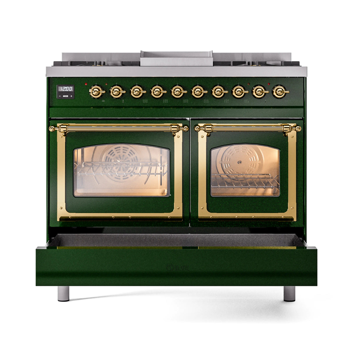 ILVE 40-Inch Nostalgie II Noblesse Propane Gas Dual Fuel Range with Triple Glass Door Oven in Emerald Green with Brass Trim (UND40FNMPEGGLP)