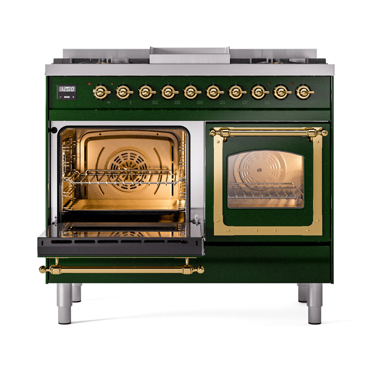 ILVE 40-Inch Nostalgie II Noblesse Propane Gas Dual Fuel Range with Triple Glass Door Oven in Emerald Green with Brass Trim (UND40FNMPEGGLP)