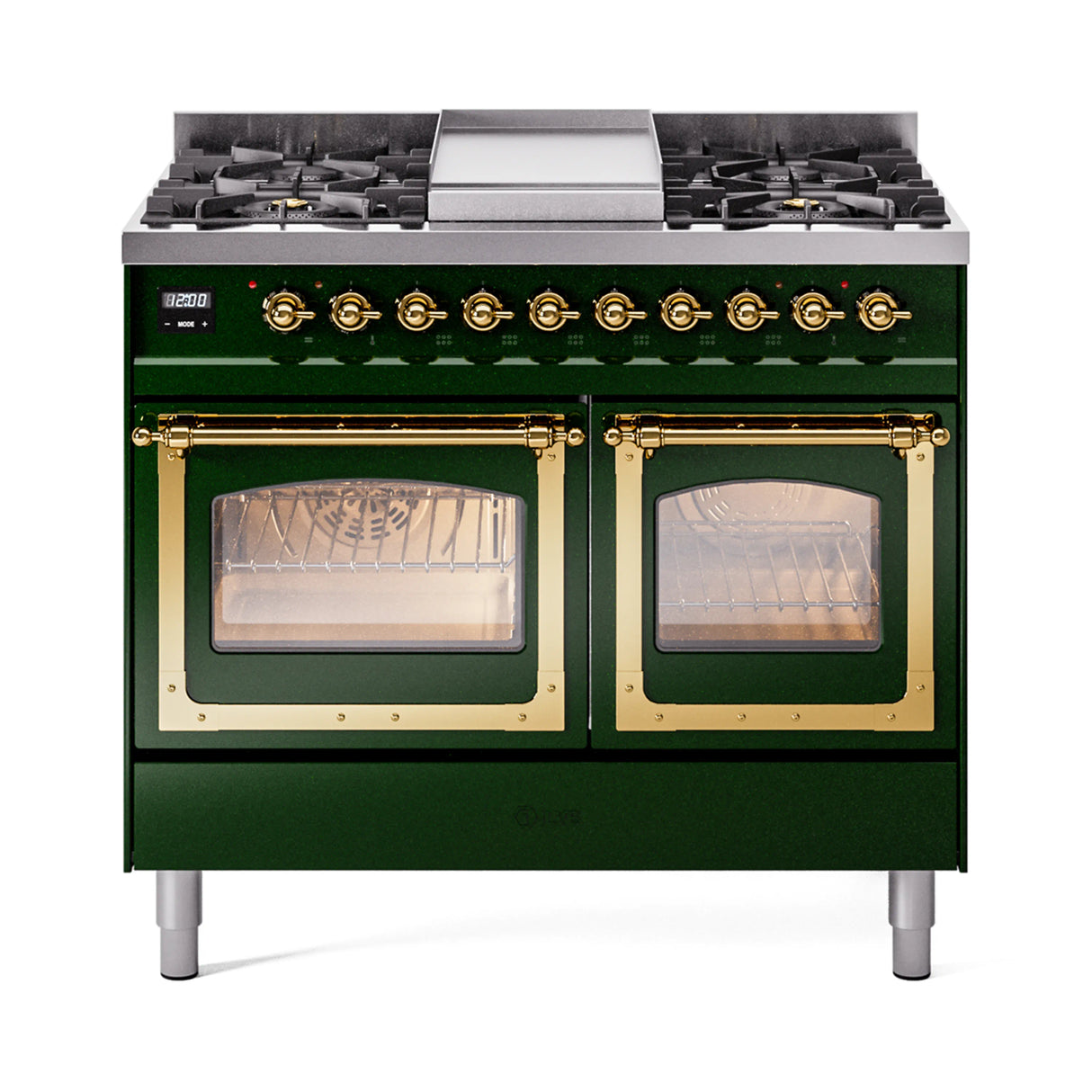ILVE 40-Inch Nostalgie II Noblesse Propane Gas Dual Fuel Range with Triple Glass Door Oven in Emerald Green with Brass Trim (UND40FNMPEGGLP)